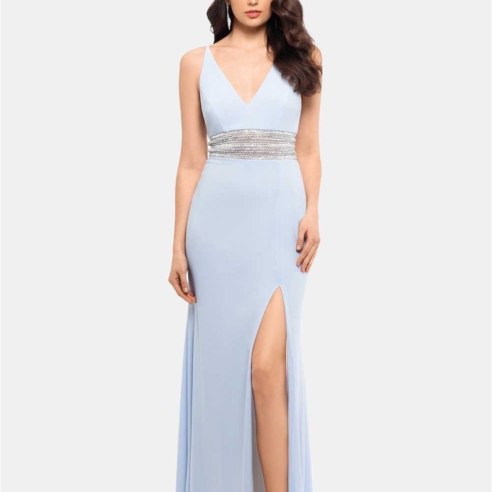 XSCAPE Petite Beaded Plunge Gown Dusty Blue